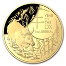 2021 Australia 1 oz Gold $100 Lunar Year of the Ox Domed Proof