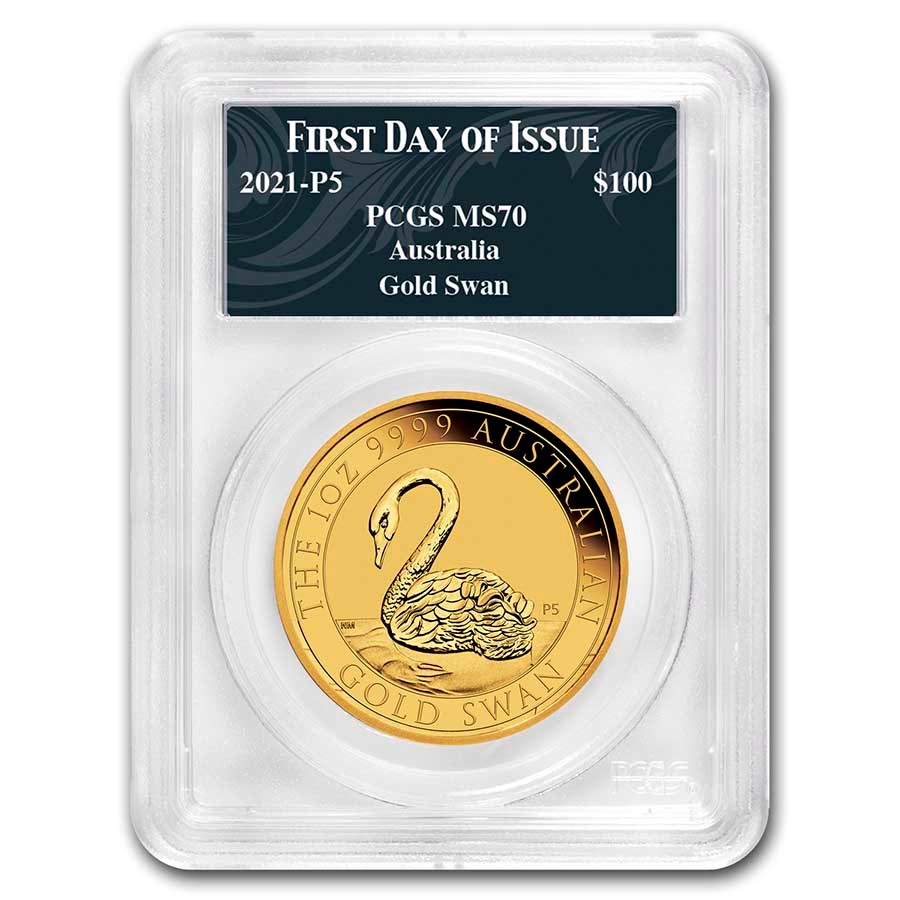 2021 Australia 1 oz Gold Swan MS-70 PCGS (FDI, Swan Label)