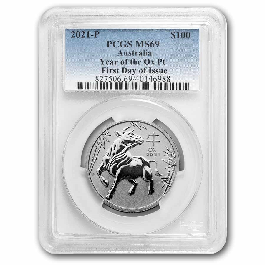 2021 Australia 1 oz Platinum Lunar Ox PCGS MS-69 FDI
