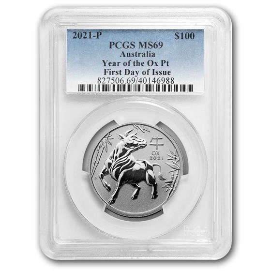 2021 Australia 1 oz Platinum Lunar Ox PCGS MS-69 FDI