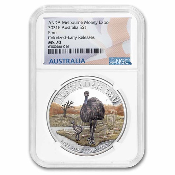 2021 Australia 1 oz Silver Colorized Emu MS-70 NGC