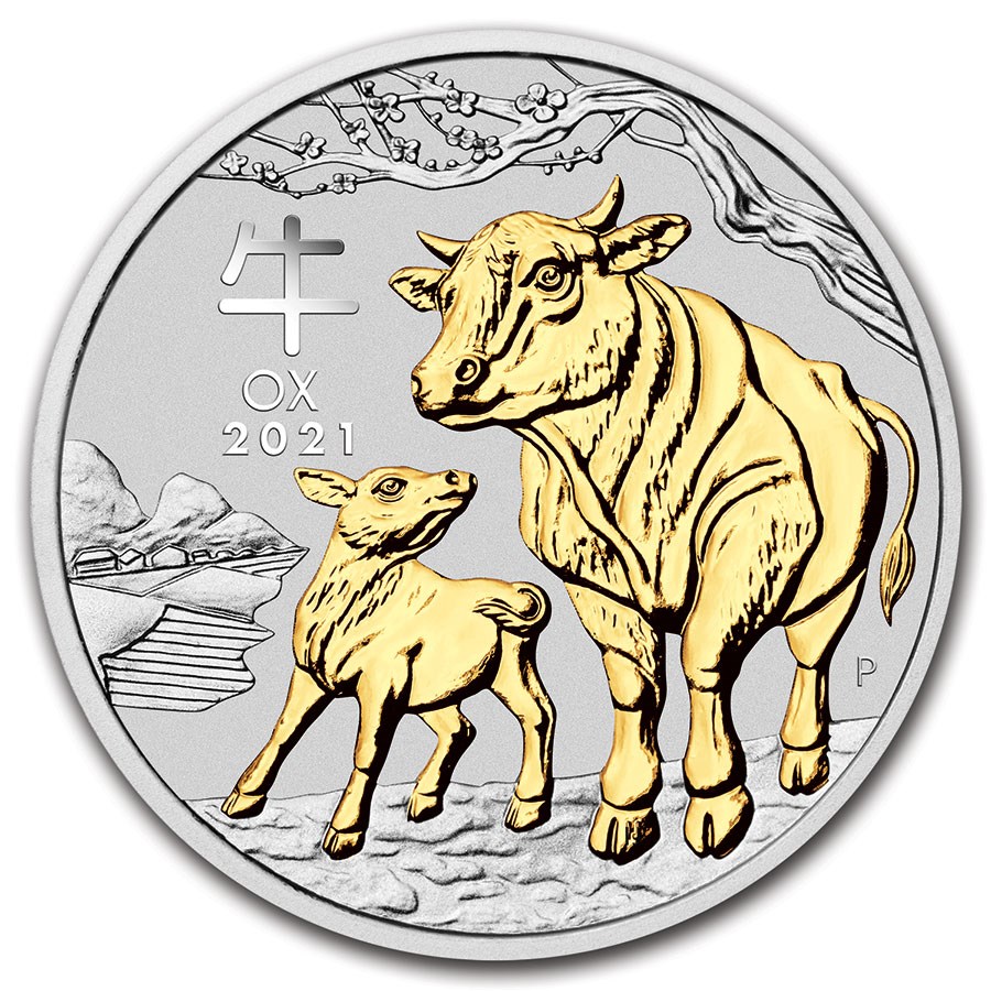 2021 Australia 1 oz Silver Lunar Ox (Gilded, w/Capsule & COA)