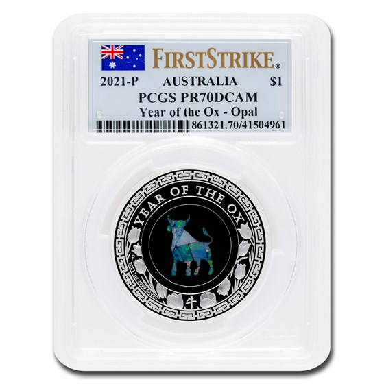 2021 Australia 1 oz Silver Opal Lunar Ox PR-70 DCAM PCGS (FS) 2021 Australia 1 oz Silver Opal Lunar Ox PR-70 DCAM PCGS (FS)