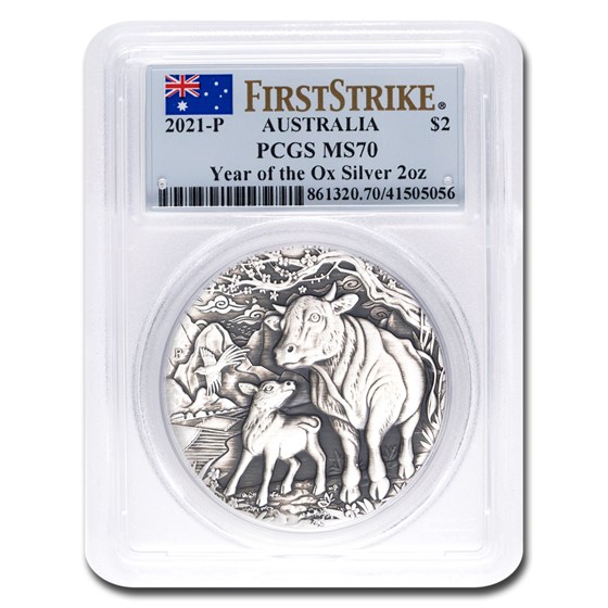 2021 Australia 2 oz Silver Year of the Ox Antique MS-70 PCGS (FS) 2021 Australia 2 oz Silver Year of the Ox Antique MS-70 PCGS (FS)