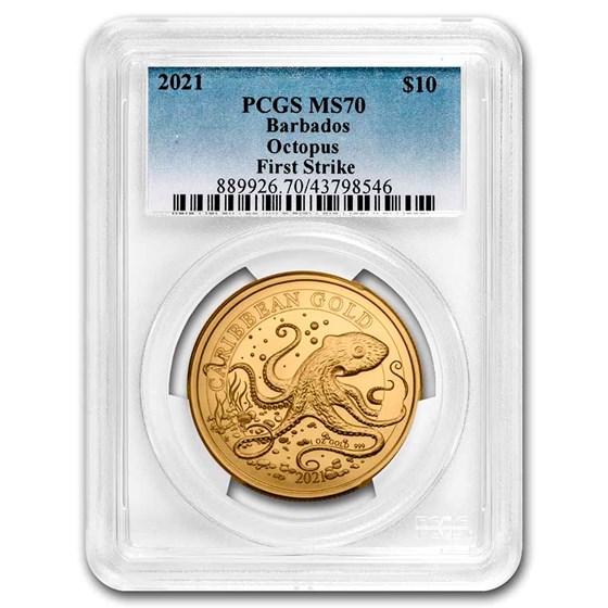 2021 Barbados 1 oz Gold Caribbean Octopus MS-70 PCGS (FS) 2021 Barbados 1 oz Gold Caribbean Octopus MS-70 PCGS (FS)