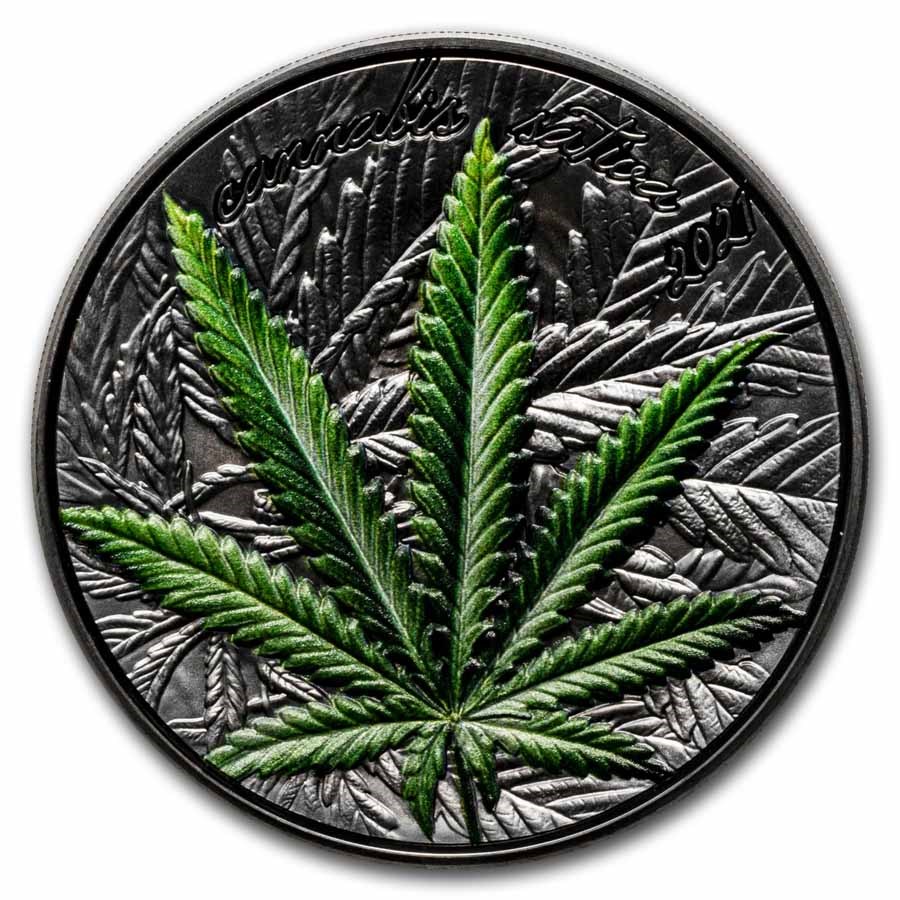 2021 Benin 1 oz Silver High Relief Cannabis Sativa Black-Dmg Box