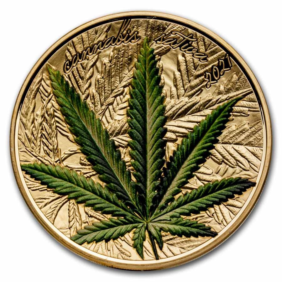 2021 Benin 1 oz Silver High Relief Cannabis Sativa Gilded-Dmg Box