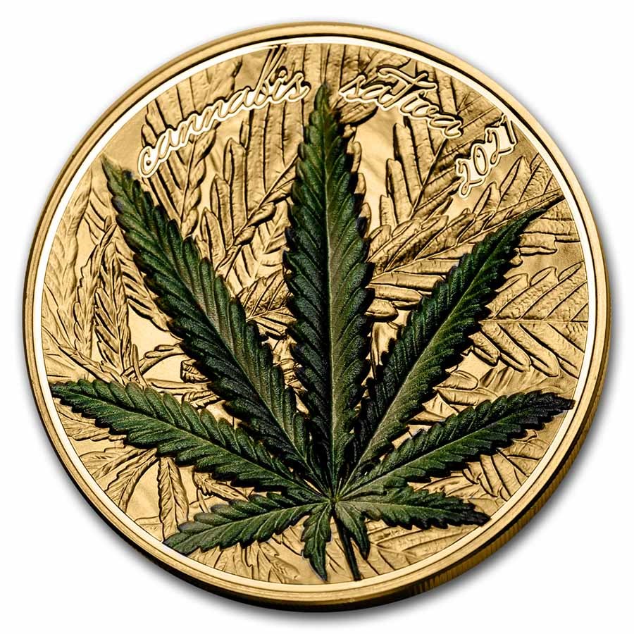 2021 Benin 1 oz Silver High Relief Cannabis Sativa Gilded Proof