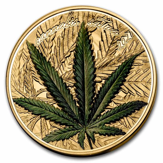 2021 Benin 1 oz Silver High Relief Cannabis Sativa Gilded Proof