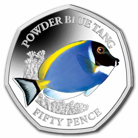 2021 BIOT Cupro-Nickel 50p Sea Creatures: Blue Sturgeon Fish