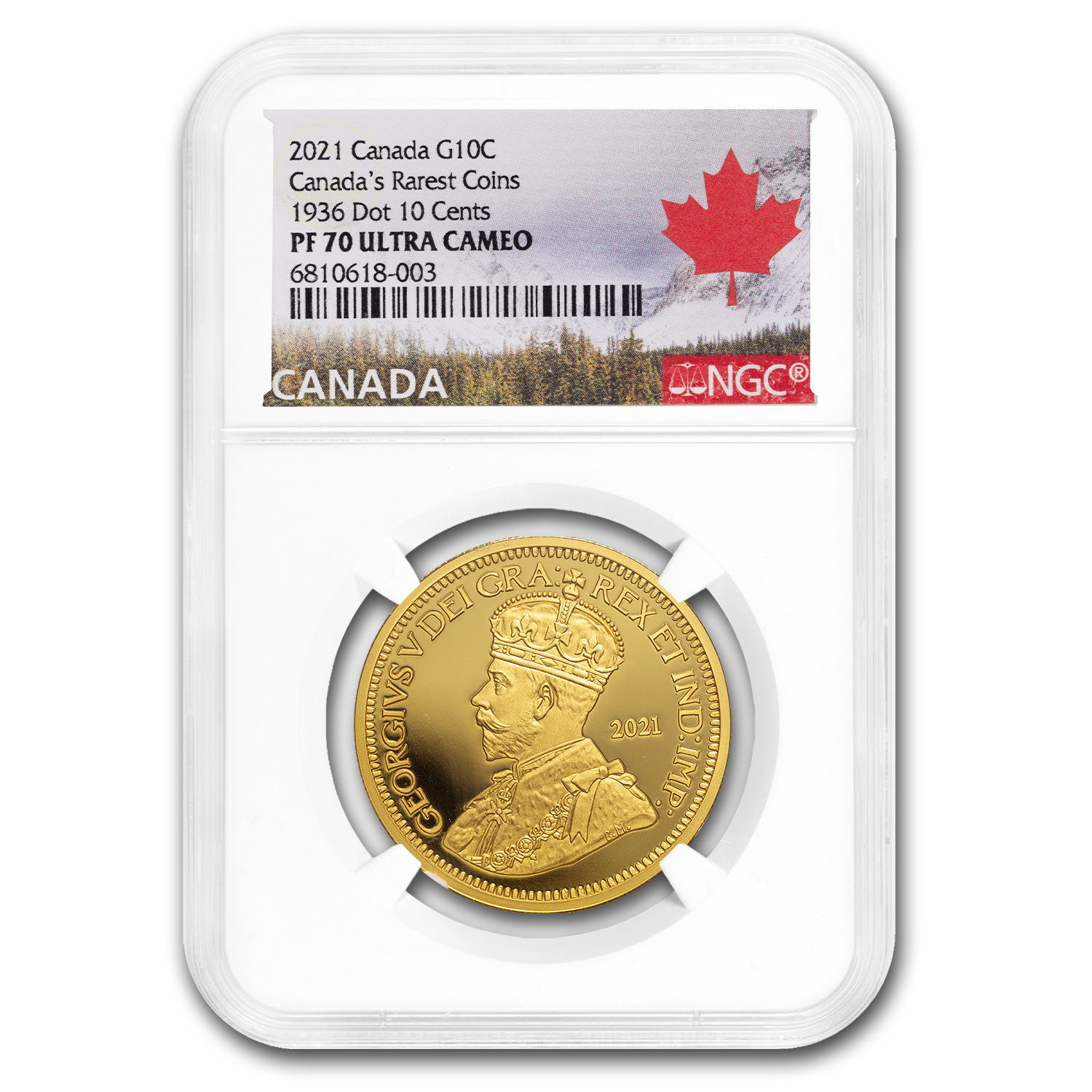 2021 Canada 1 oz Gold Canada's Rarest 1936 Dot 10 Cents NGC PF 70