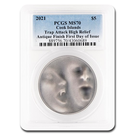 2021 Cook Islands 1 oz Antique Silver Trap Attack MS-70 PCGS FDI 2021 Cook Islands 1 oz Antique Silver Trap Attack MS-70 PCGS FDI