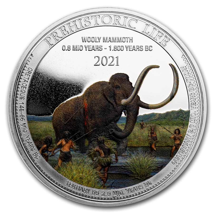 2021 Dem. Rep. of Congo 1 oz Silver Wooly Mammoth Colorized BU
