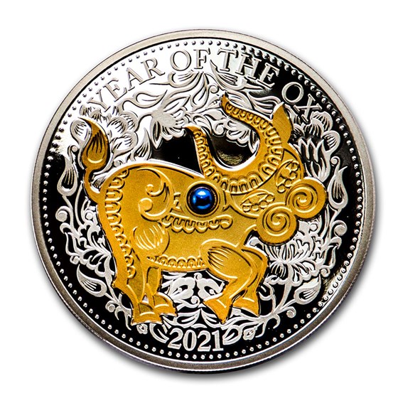2021 Fiji 1 oz Silver Year of the Ox Proof (Gold Gilded w/Pearl) 2021 Fiji 1 oz Silver Year of the Ox Proof (Gold Gilded w/Pearl)