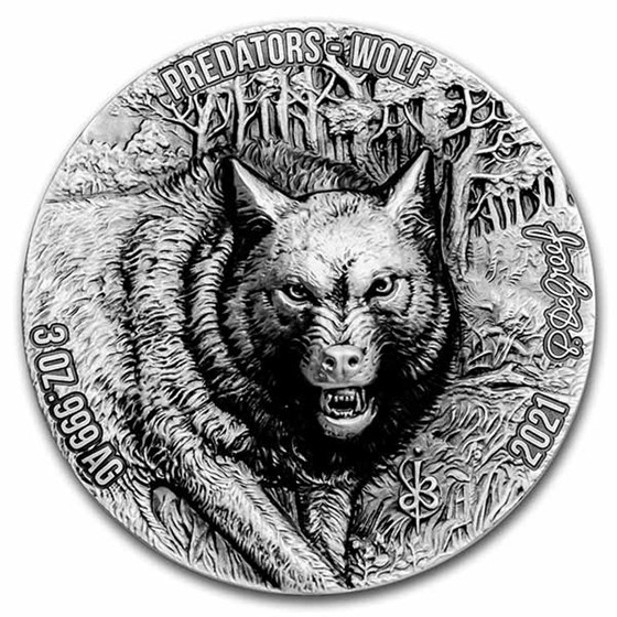 2021 Ivory Coast 3 oz Antique Silver Predators: Wolf 2021 Ivory Coast 3 oz Antique Silver Predators: Wolf