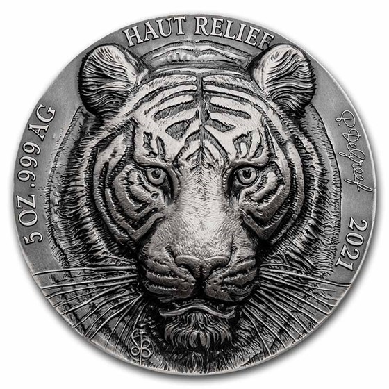 2021 Ivory Coast 5 oz Antique Silver Big Five Asia: Tiger 2021 Ivory Coast 5 oz Antique Silver Big Five Asia: Tiger
