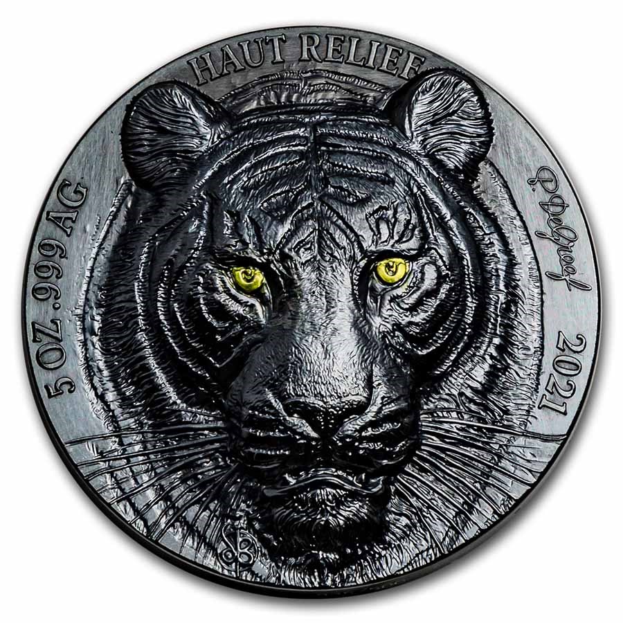 2021 Ivory Coast 5 oz Silver Edition Noire Big Five Asia: Tiger