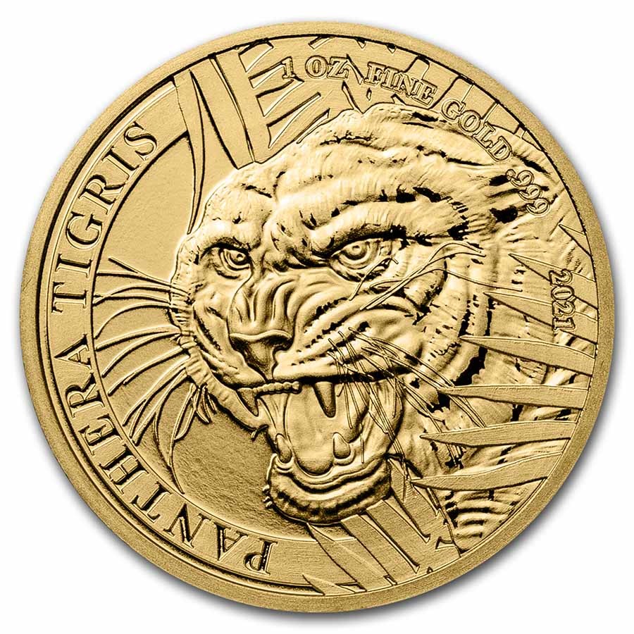 2021 Laos 1 oz Gold 2000 KIP Tiger BU (Panthera Tigris)
