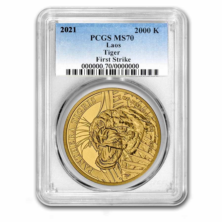 2021 Laos 1 oz Gold Tiger: Panthera Tigris MS-70 PCGS (FS)