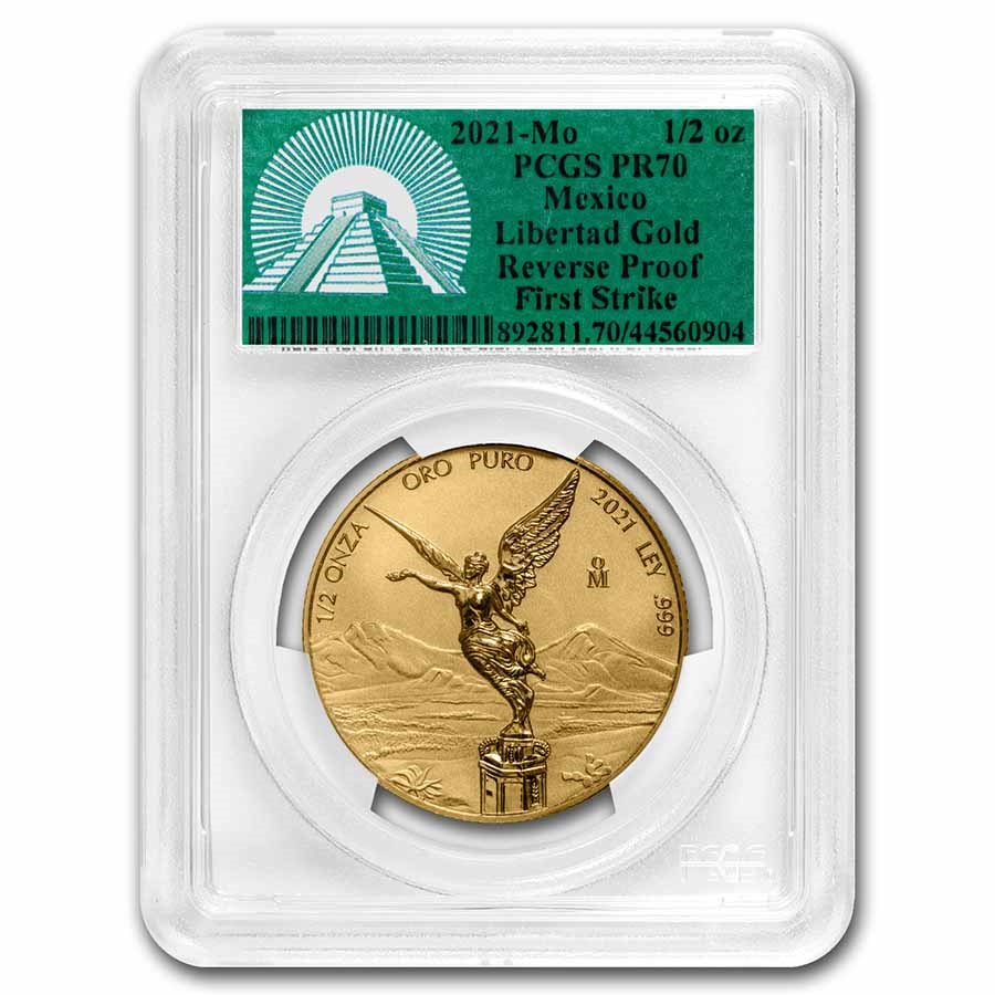 2021 Mex 1/2 oz Rev Prf Gold Libertad PR70 PCGS (FS, Green Label)
