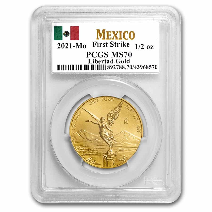 2021 Mexico 1/2 oz Gold Libertad MS-70 PCGS (FS, Flag Label)