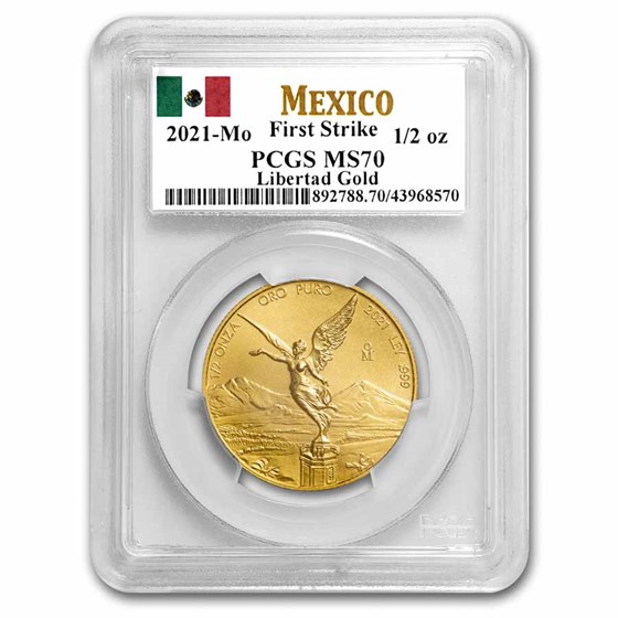 2021 Mexico 1/2 oz Gold Libertad MS-70 PCGS (FS, Flag Label) 2021 Mexico 1/2 oz Gold Libertad MS-70 PCGS (FS, Flag Label)