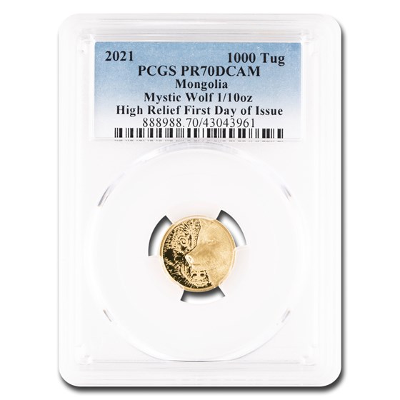 2021 Mongolia 1/10 oz Gold Proof Mystic Wolf PR-70 DCAM PCGS FDI 2021 Mongolia 1/10 oz Gold Proof Mystic Wolf PR-70 DCAM PCGS FDI