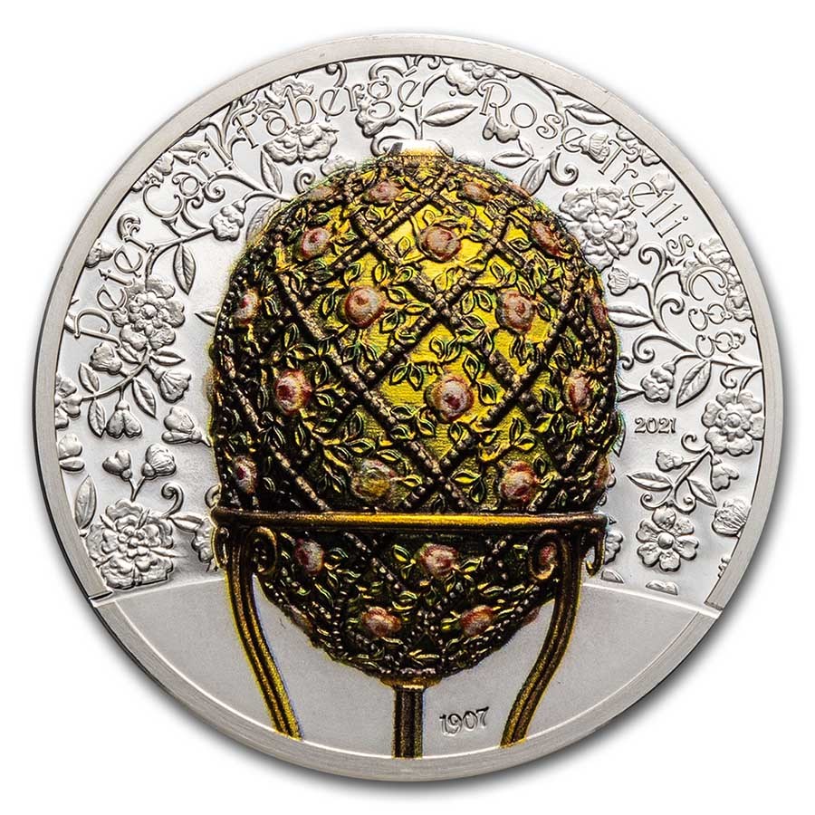2021 Mongolia 2 oz Silver Peter Carl Fabergé Egg: Rose Trellis