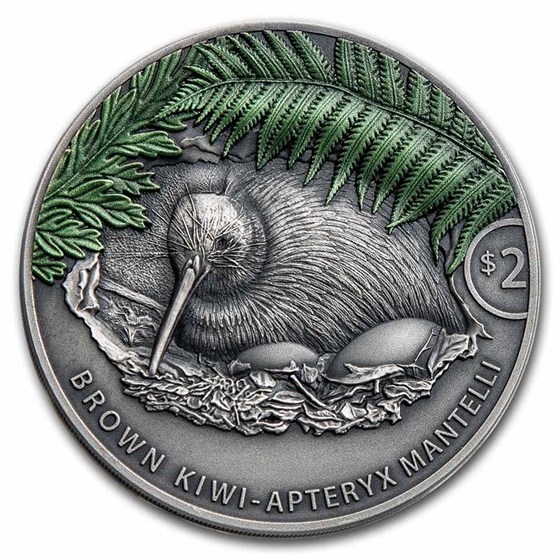 2021 New Zealand 2 oz Silver Antique Kiwi Color (w/Box & COA) 2021 New Zealand 2 oz Silver Antique Kiwi Color (w/Box & COA)