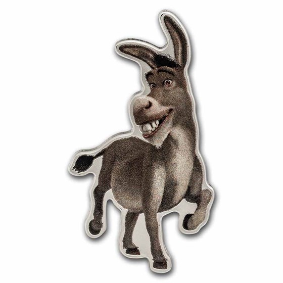 2021 Niue 1 oz Silver $2 Donkey (Shrek) Colorized Shaped Coin 2021 Niue 1 oz Silver $2 Donkey (Shrek) Colorized Shaped Coin