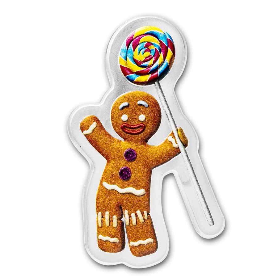 2021 Niue 1 oz Silver $2 Gingerbread Man Shaped Coin (Colorized)