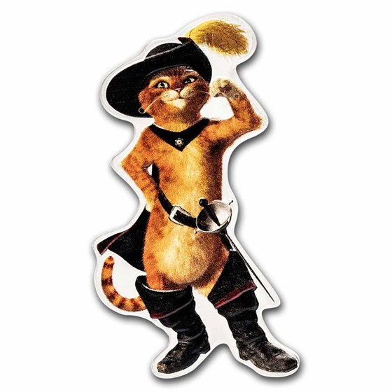 2021 Niue 1 oz Silver $2 Puss in Boots Shaped Coin (Colorized) 2021 Niue 1 oz Silver $2 Puss in Boots Shaped Coin (Colorized)