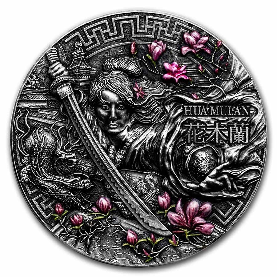 2021 Niue 2 oz Antique Silver Heroines; Hua Mulan