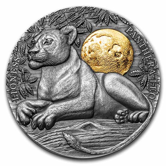 2021 Niue 2 oz Antique Silver Wildlife In the Moonlight: Lioness