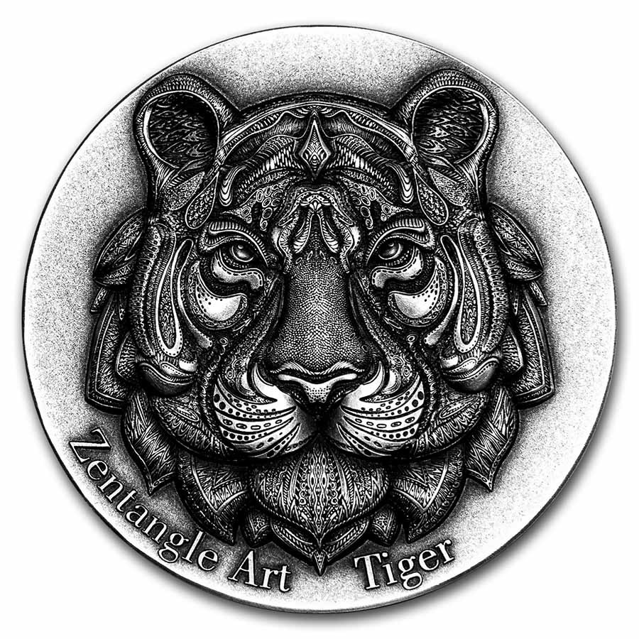 2021 Niue 2 oz Antique Silver Zentangle Art: Tiger