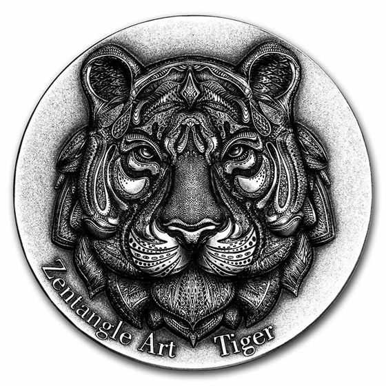 2021 Niue 2 oz Antique Silver Zentangle Art: Tiger 2021 Niue 2 oz Antique Silver Zentangle Art: Tiger