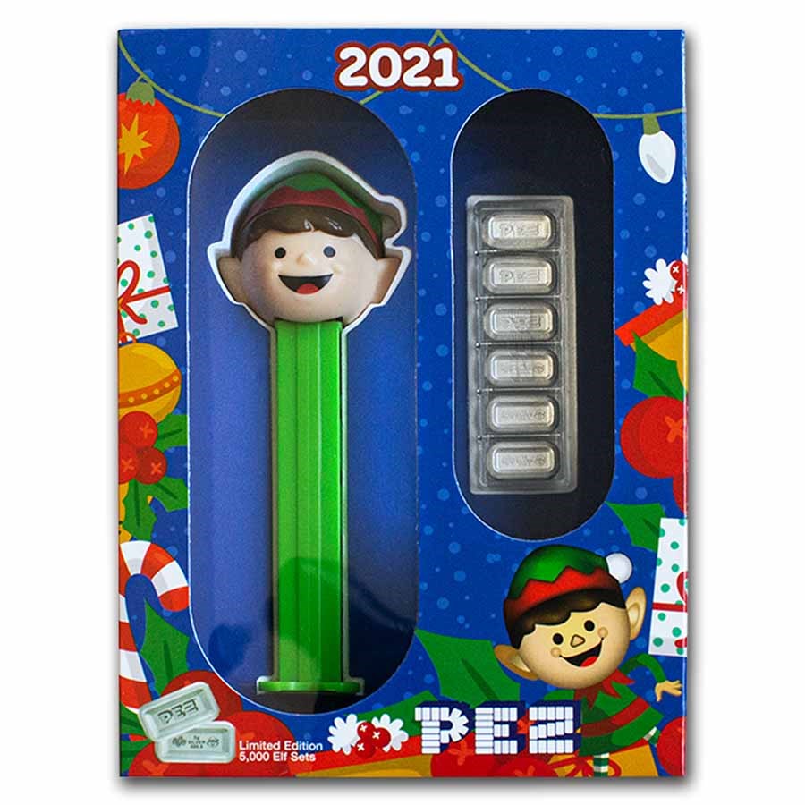 2021 PEZ® Gift Set w/Elf Dispenser & 6x 5g Silver Wafers