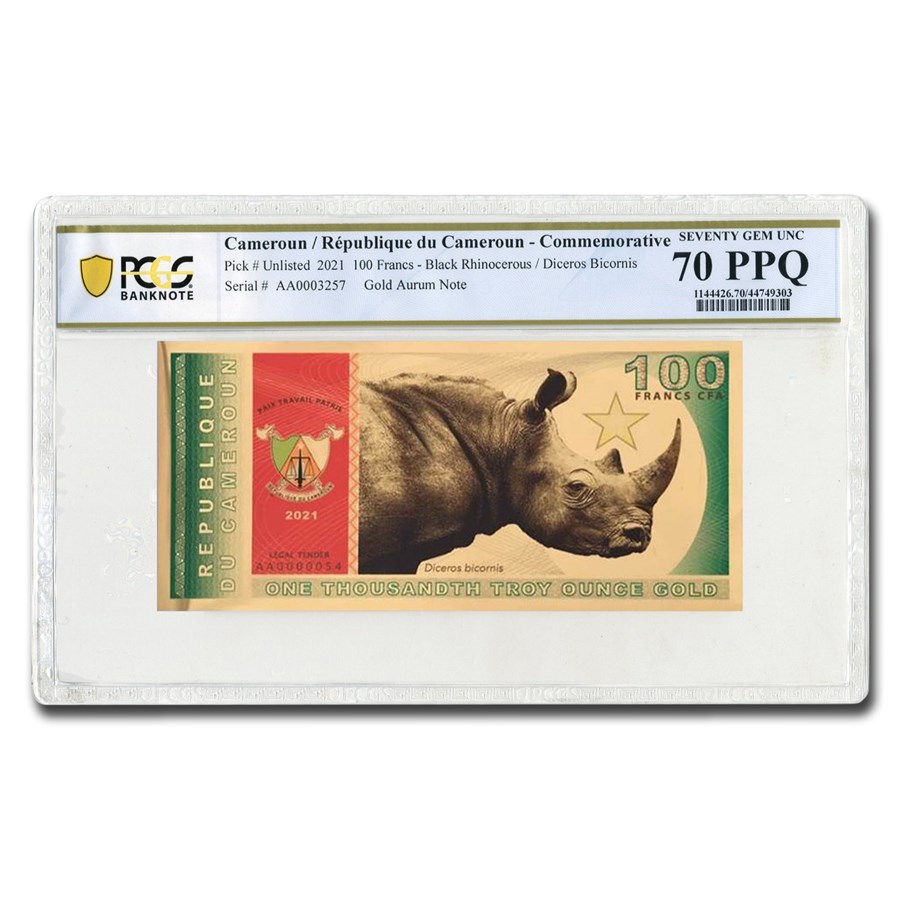 2021 Republic of Cameroon 1/1000 oz Gold Black Rhino MS-70 PCGS