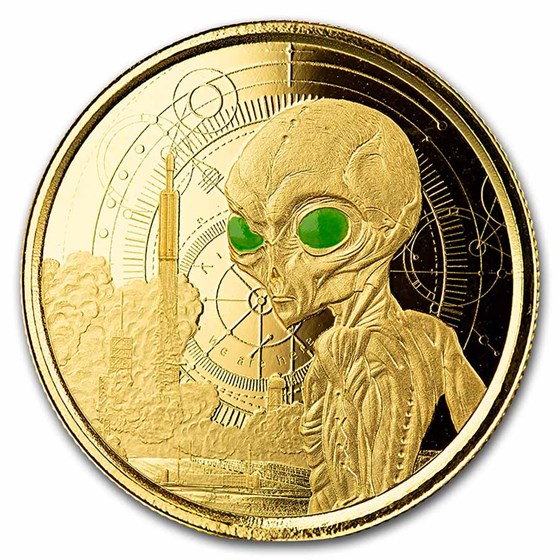 2021 Republic of Ghana 1 oz Gold 20 Dollar Space Alien Colorized