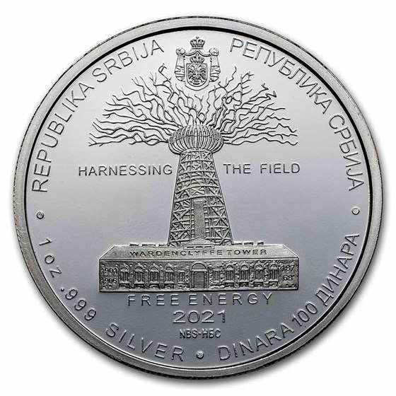 2021 Serbia 1 oz Proof Silver 100 Dinar Nikola Tesla: Free Energy 2021 Serbia 1 oz Proof Silver 100 Dinar Nikola Tesla: Free Energy