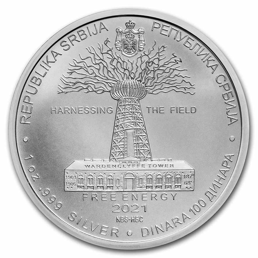 2021 Serbia 1 oz Silver 100 Dinar Nikola Tesla: Free Energy BU