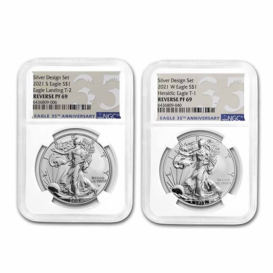 2021 Silver Eagle Designer 2-Coin Rev Proof Set PF-69 NGC 2021 Silver Eagle Designer 2-Coin Rev Proof Set PF-69 NGC