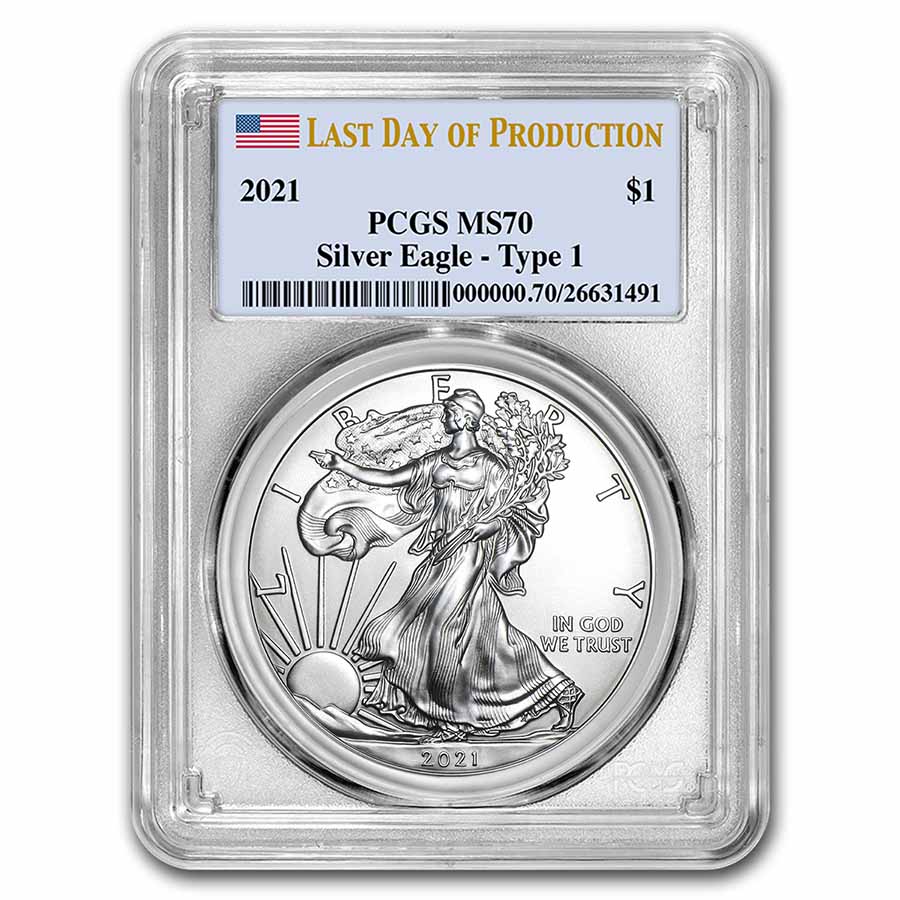 Buy 2021 Silver Eagle MS-70 PCGS (Type 1, Last Day of