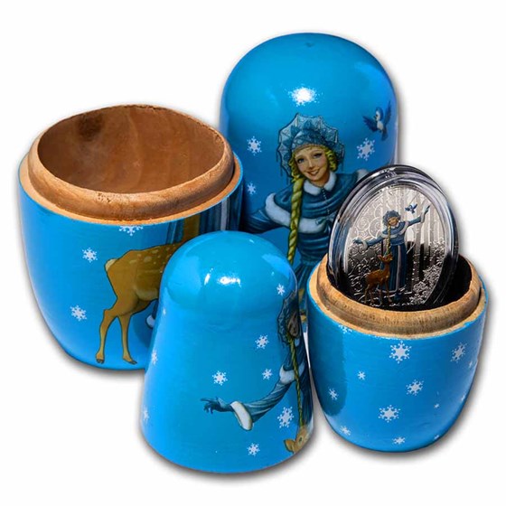 2021 Solomon Isl. 1 oz Silver Matryoshka Snow Maiden (Dmgd Pkg) 2021 Solomon Isl. 1 oz Silver Matryoshka Snow Maiden (Dmgd Pkg)
