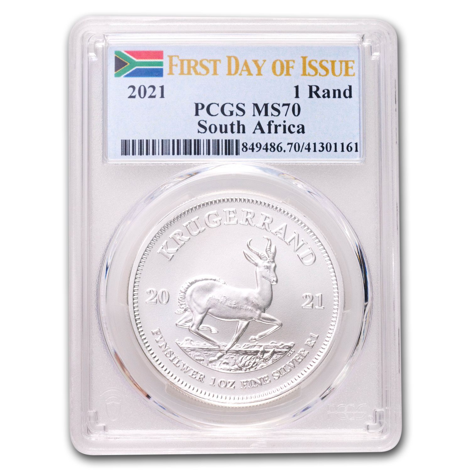 2021 South Africa 1 oz Silver Krugerrand PCGS MS70 First Day of Issue 1 Rand
