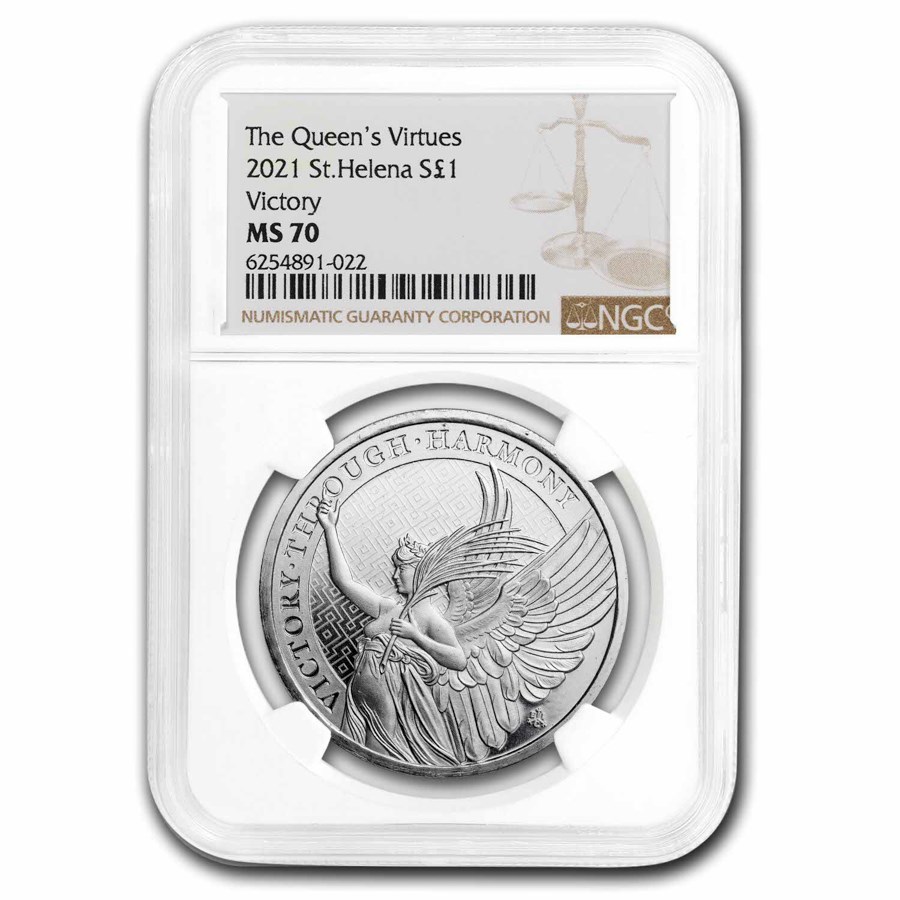 Buy 2021 St. Helena 1 oz Silver £1 Queen's Virtues Victory MS-70