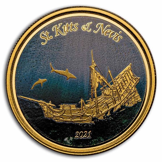 2021 St. Kitts and Nevis 1 oz Gold Sunken Ship (Colorized)