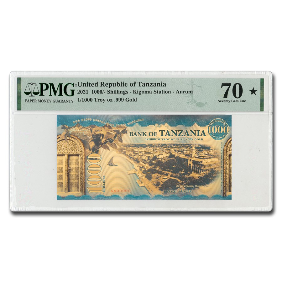 2021 Tanzania 1/1000 oz Gold Kigoma Station Foil Note MS-70 PMG