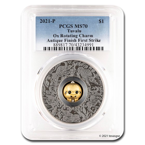 2021 Tuvalu 1 oz Silver Year of the Ox Rotate Charm MS-70 PCGS FS 2021 Tuvalu 1 oz Silver Year of the Ox Rotate Charm MS-70 PCGS FS