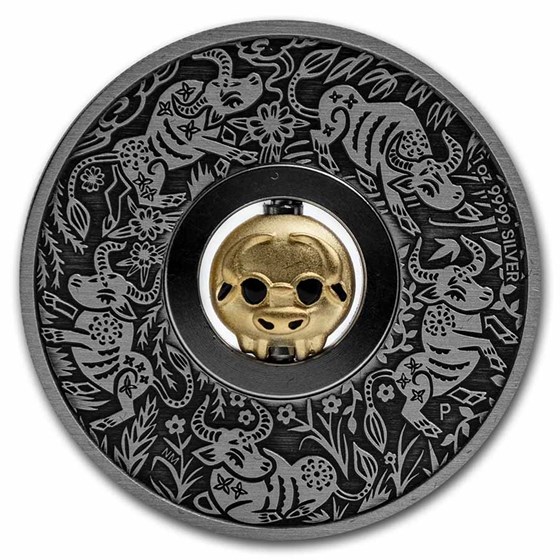 2021 Tuvalu 1 oz Silver Year of the Ox Rotating Charm Antiqued 2021 Tuvalu 1 oz Silver Year of the Ox Rotating Charm Antiqued